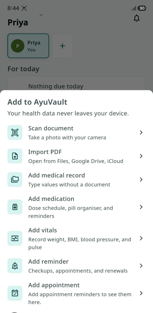 AyuVault add to vault screen for organizing health records