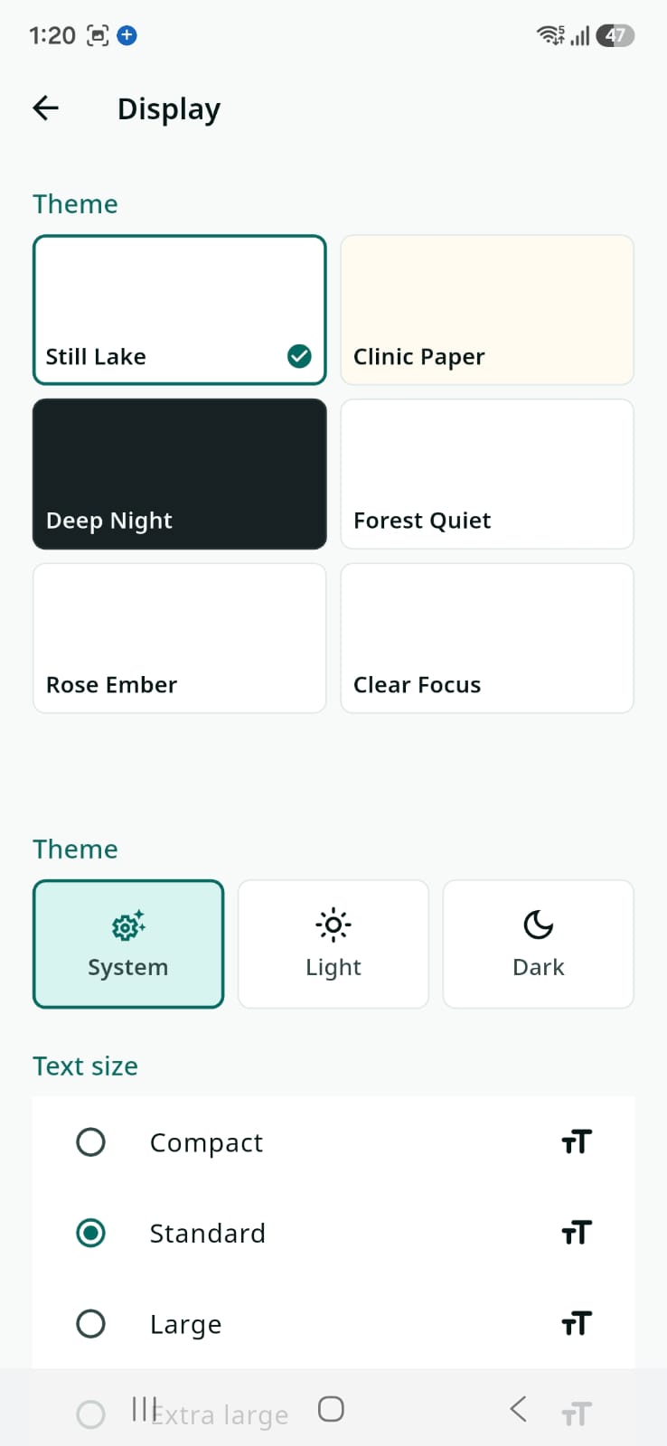 AyuVault Display settings shown in the Still Lake theme, demonstrating switching between visual themes