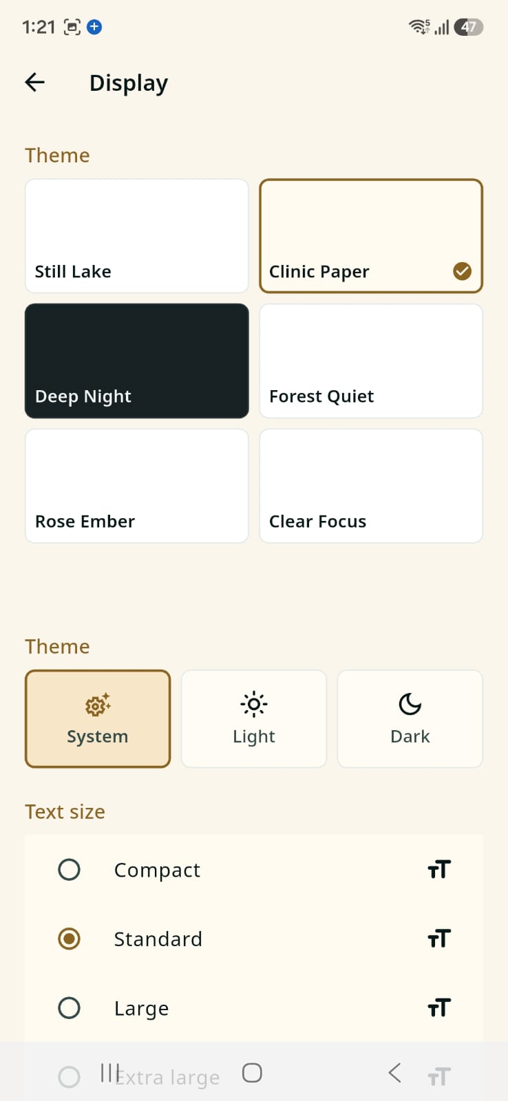 AyuVault Display settings showing six themes, System, Light, and Dark mode, and text size options in the Clinic Paper theme