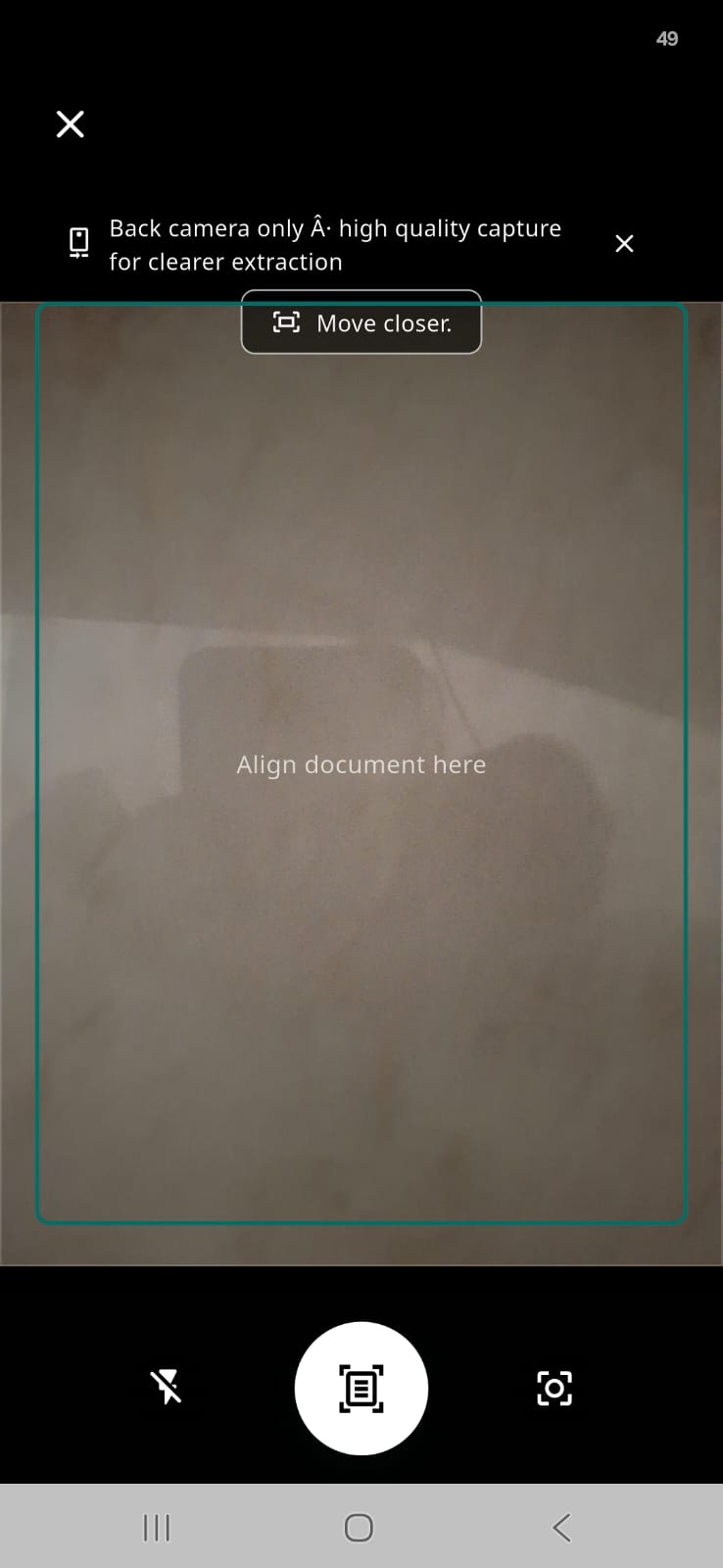 AyuVault document scanner with the camera framed on a paper report, a guide to align the document, and a high-quality back-camera capture for clearer extraction