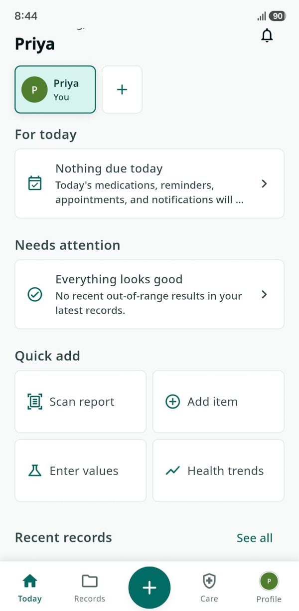 AyuVault dashboard showing private family health record organization