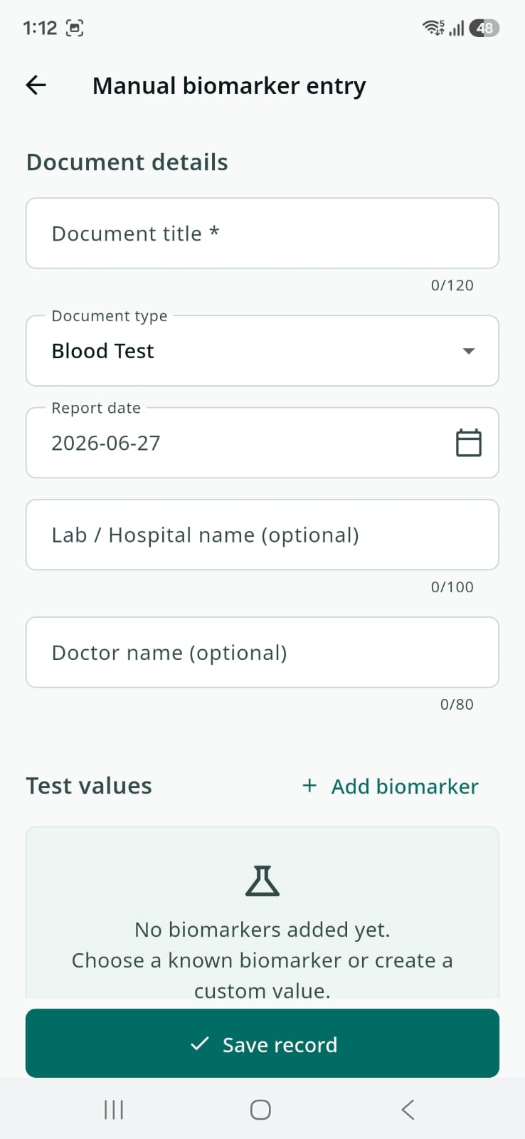 AyuVault manual biomarker entry screen with document title, document type, report date, lab or hospital, doctor name, and a list to add biomarker test values