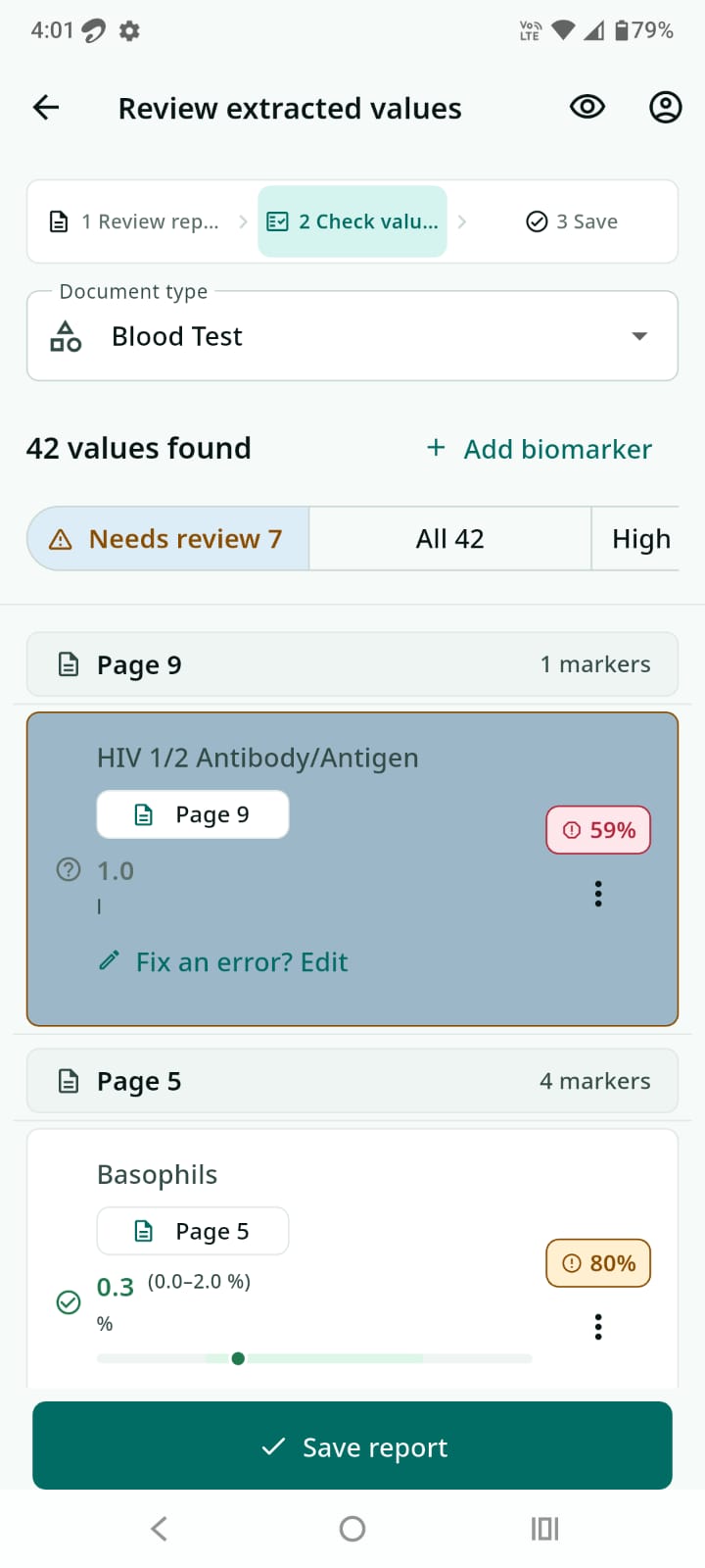 AyuVault Review extracted values screen showing 42 values found from a Blood Test, items needing review, and per-value confidence scores before saving the report